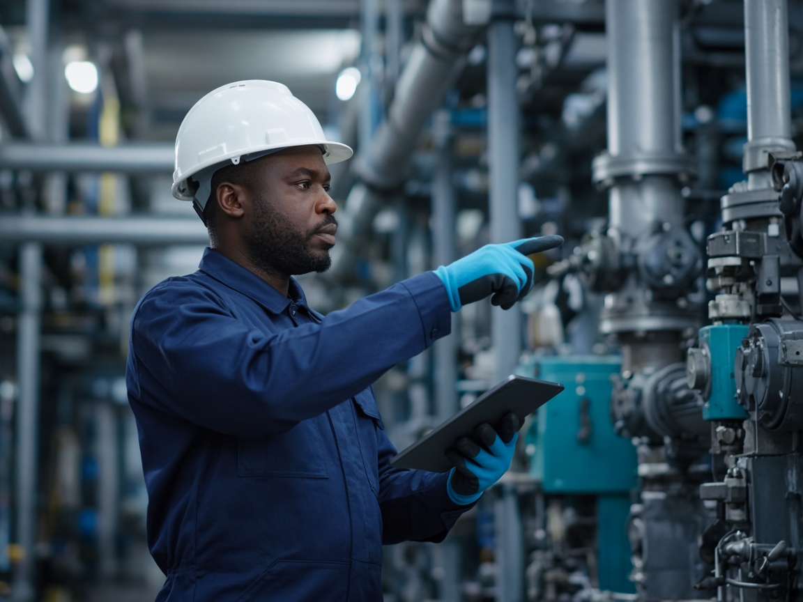 Engenheiro de segurança a inspecionar equipamento industrial